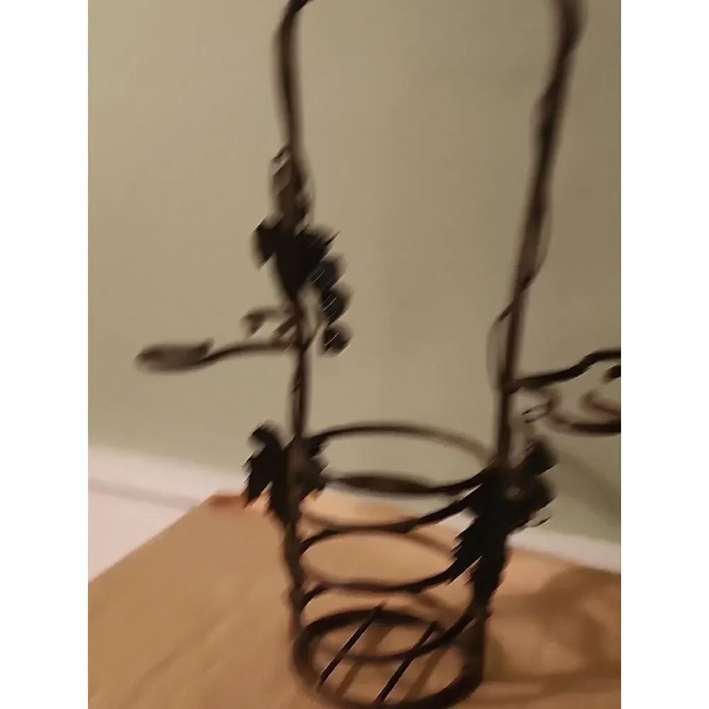 Wrought Iron Wine Bottle Holder with Leaf & Grape Accents - Brown